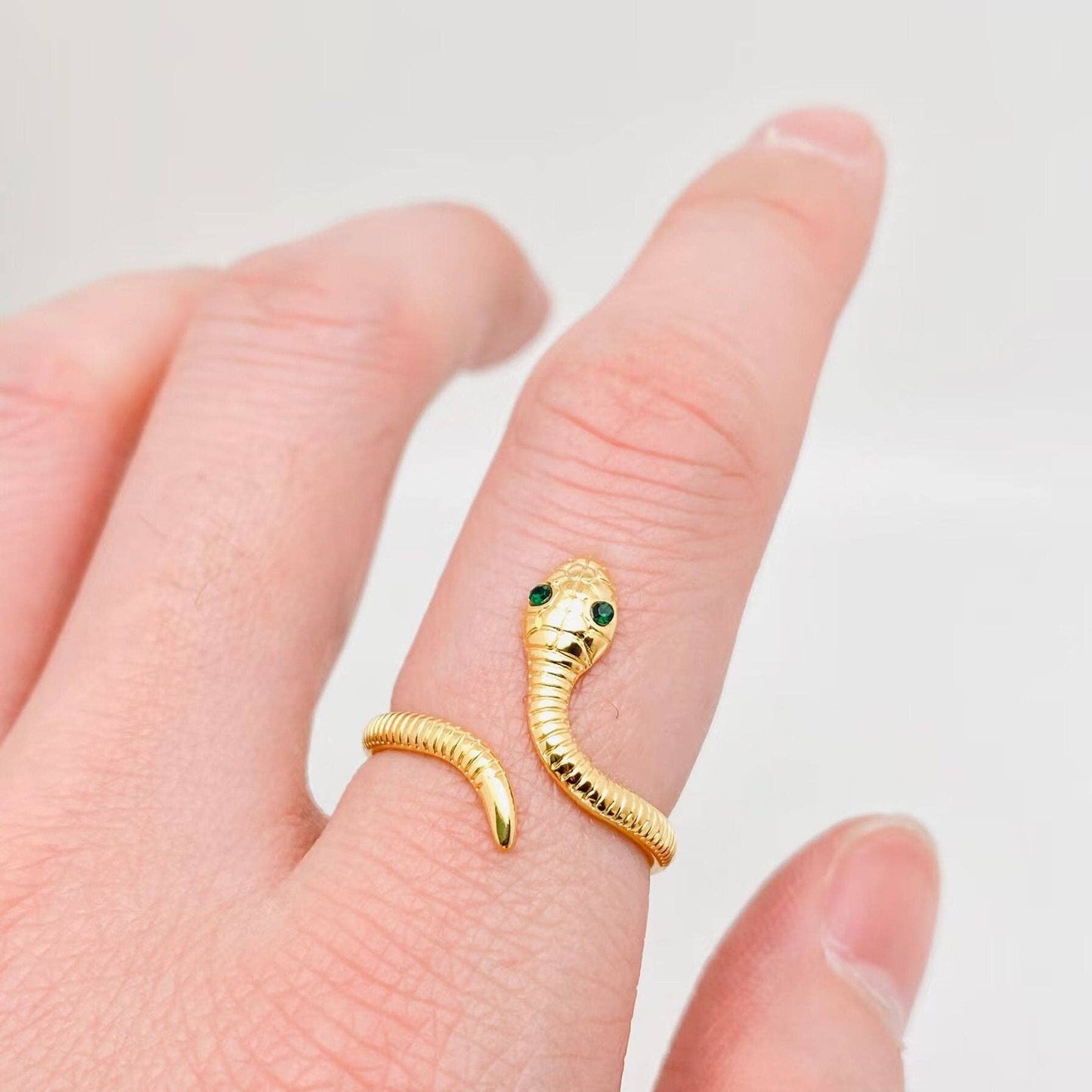 18K Gold Plated Green-Eyed Snake Ring