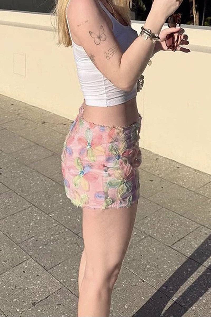 Pink Floral Embellished Mini Skirt