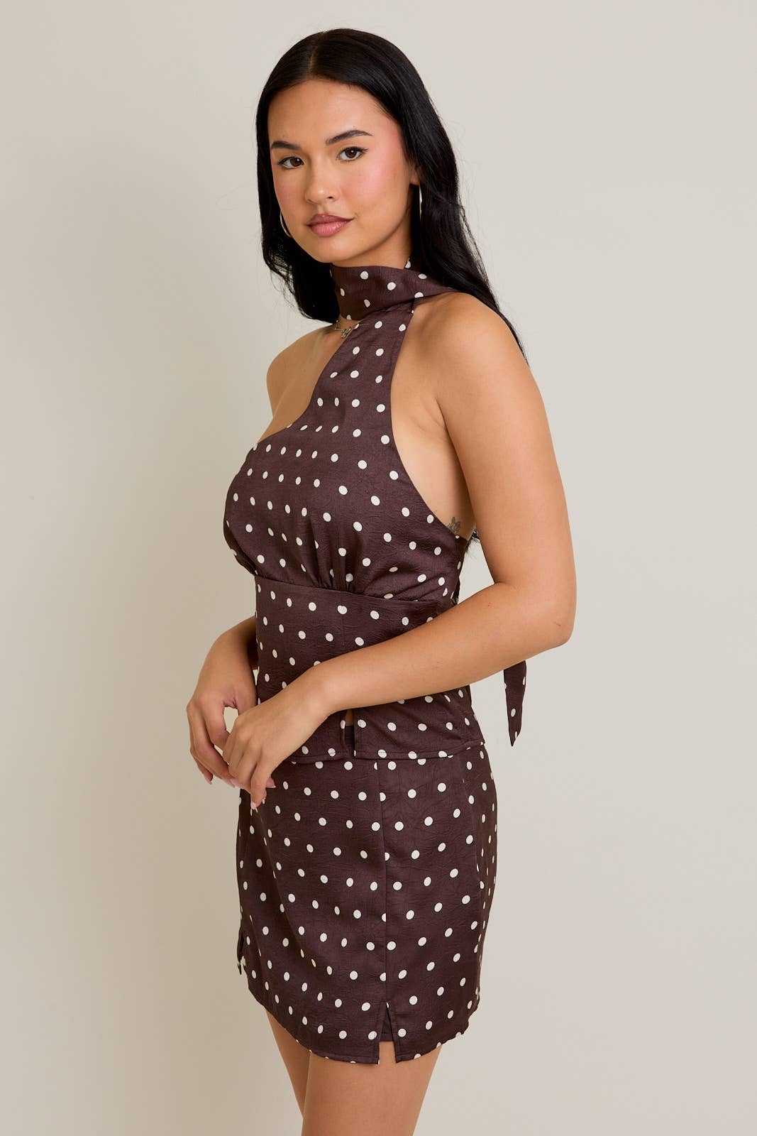 Brown Polka Dot One-Shoulder Top & Mini Skirt (Seperates)