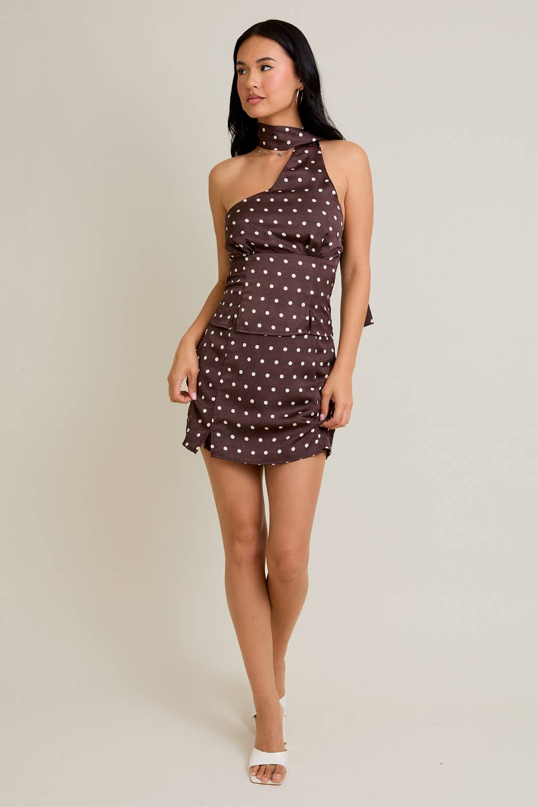 Brown Polka Dot One-Shoulder Top & Mini Skirt (Seperates)