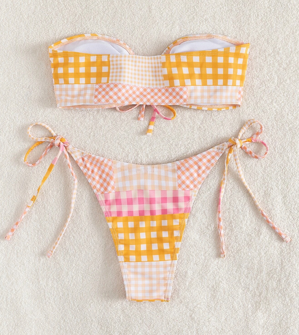 Orange & Pink Gingham Strapless Tie Bikini (Separates)
