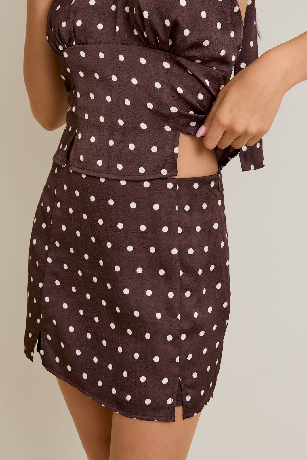 Brown Polka Dot One-Shoulder Top & Mini Skirt (Seperates)