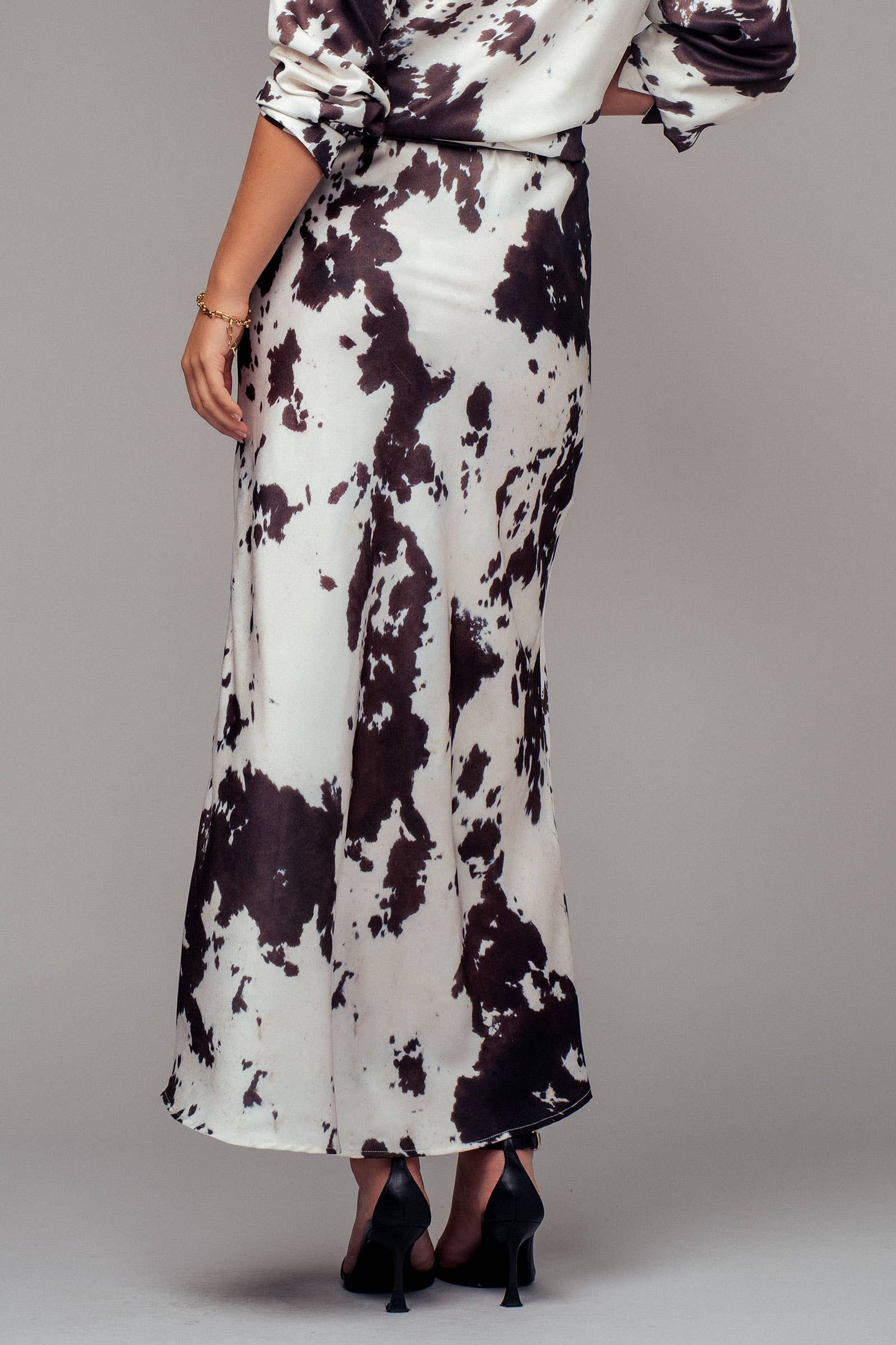Cowhide Print Satin Drawstring Midi Skirt