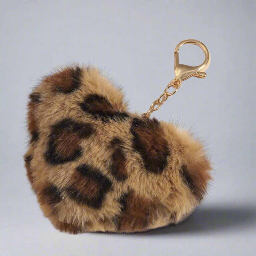 Giant Fluffy Cheetah Heart Keychain