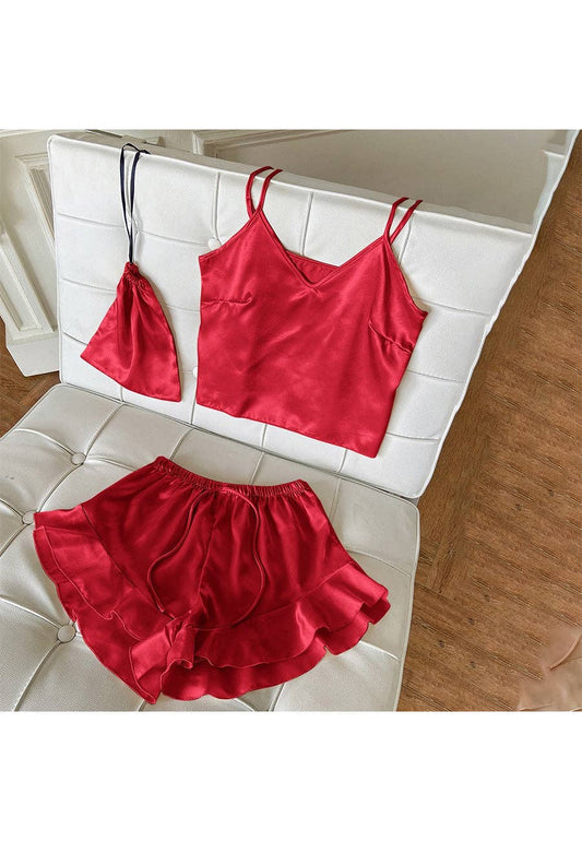 Carol Red Satin Tank and Ruffle Hem Shorts (Separates)