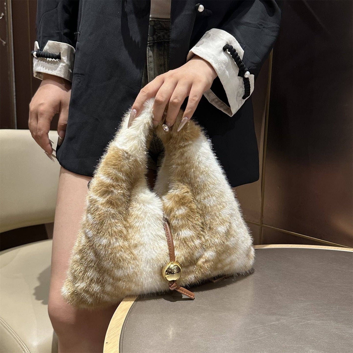 Faux Fur Deer Print Mini Tote Crossbody Bag