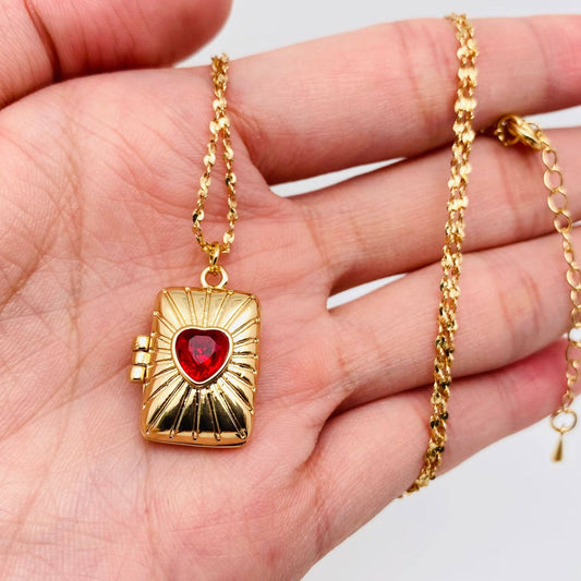 Red Heart Gem Golden Locket Necklace