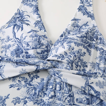 Blue Porcelain Print Plunge One-Piece