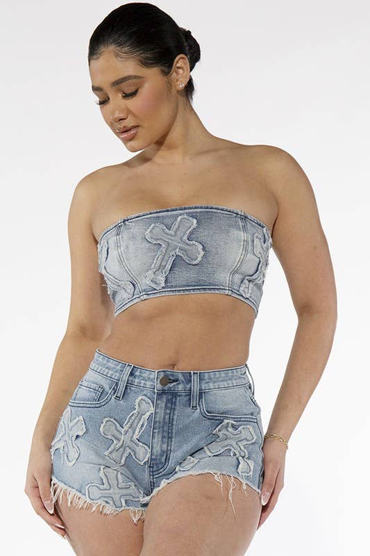 Lana Cross Patches Washed Denim Bandeau Tube Top