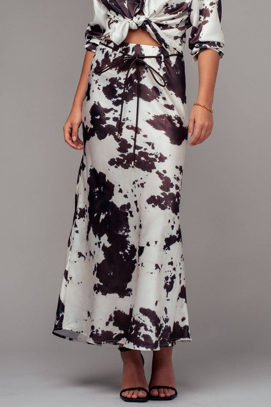 Cowhide Print Satin Drawstring Midi Skirt