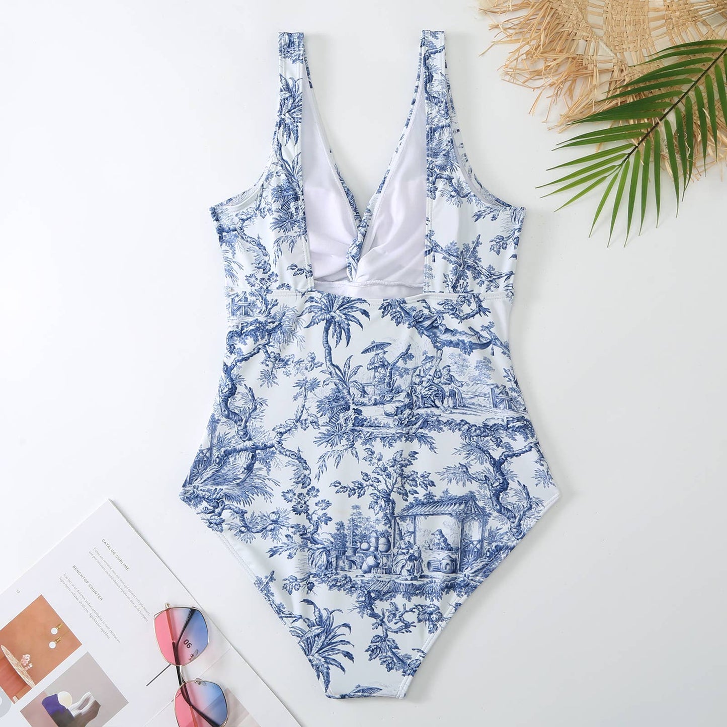 Blue Porcelain Print Plunge One-Piece