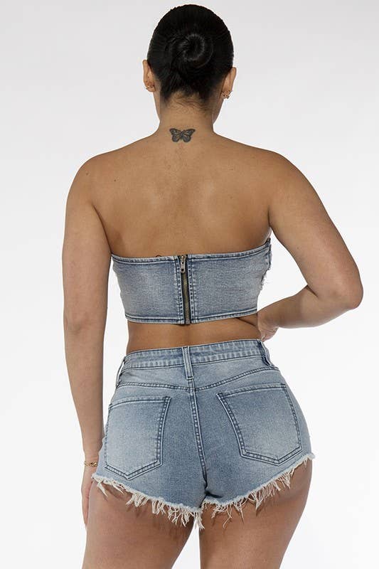 Lana Cross Patches Washed Denim Bandeau Tube Top