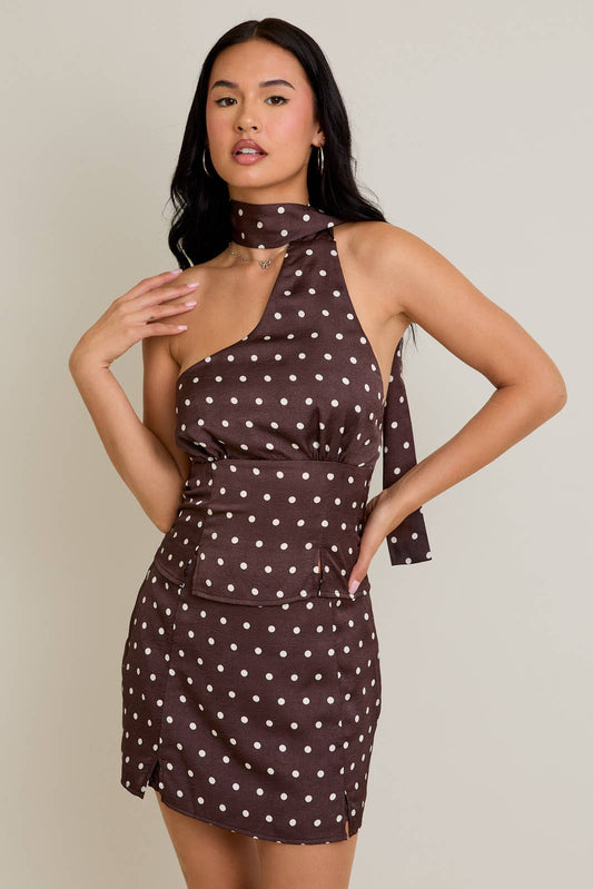 Brown Polka Dot One-Shoulder Top & Mini Skirt (Seperates)