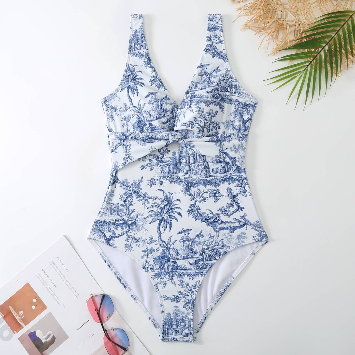 Blue Porcelain Print Plunge One-Piece