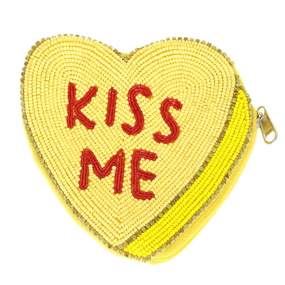 Conversation Hearts Beaded Heart Shaped Coin Bag