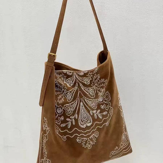 Boho Embroidered Large Capacity Suede Shoulder Bag DP25G634: Brown