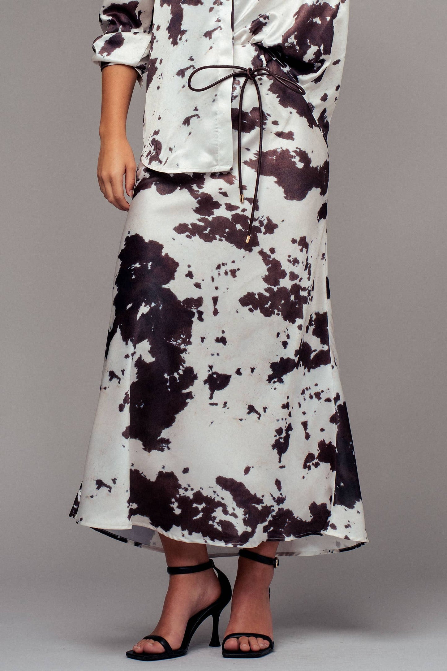 Cowhide Print Satin Drawstring Midi Skirt