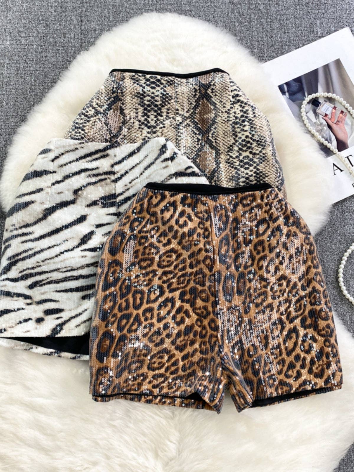 Jessica Animal Print Sequin High-Rise Shorts