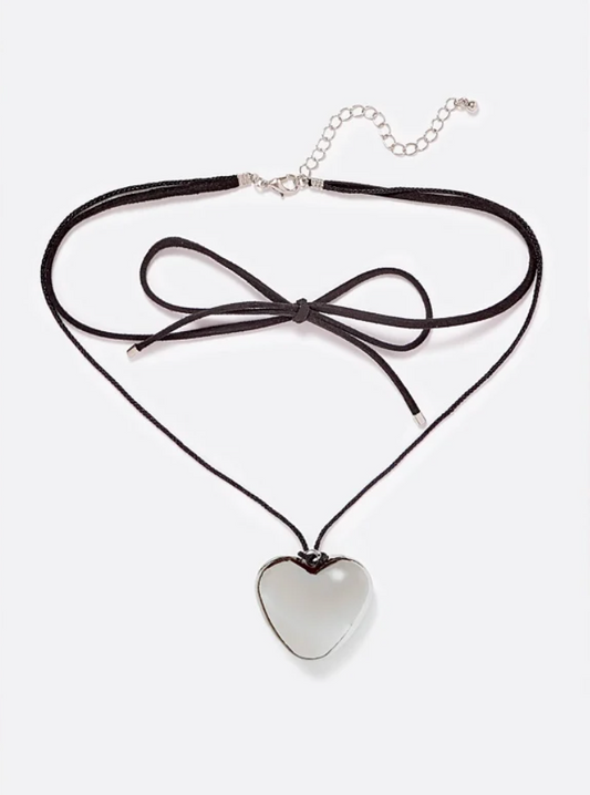 Black Cord Necklace with Silver Heart