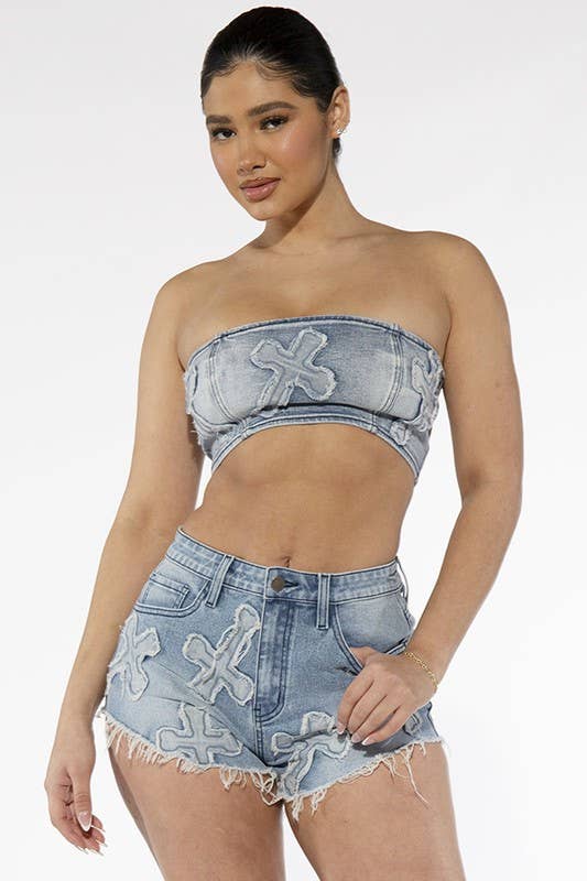 Lana Cross Patches Washed Denim Bandeau Tube Top