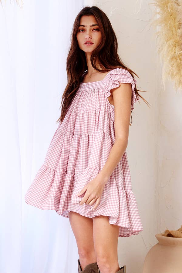 Penelope Gingham Print Tiered Babydoll Mini Dress