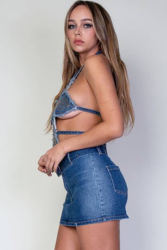 Lydia Cross Shaped Open Back Halter Neck Denim Top