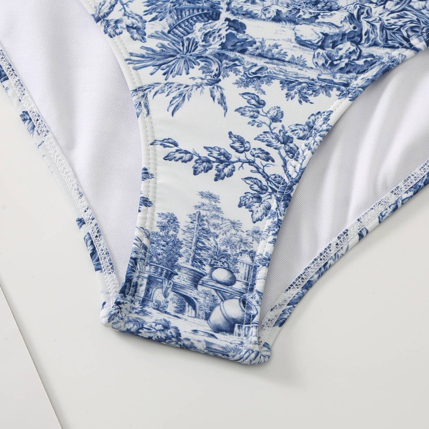 Blue Porcelain Print Plunge One-Piece