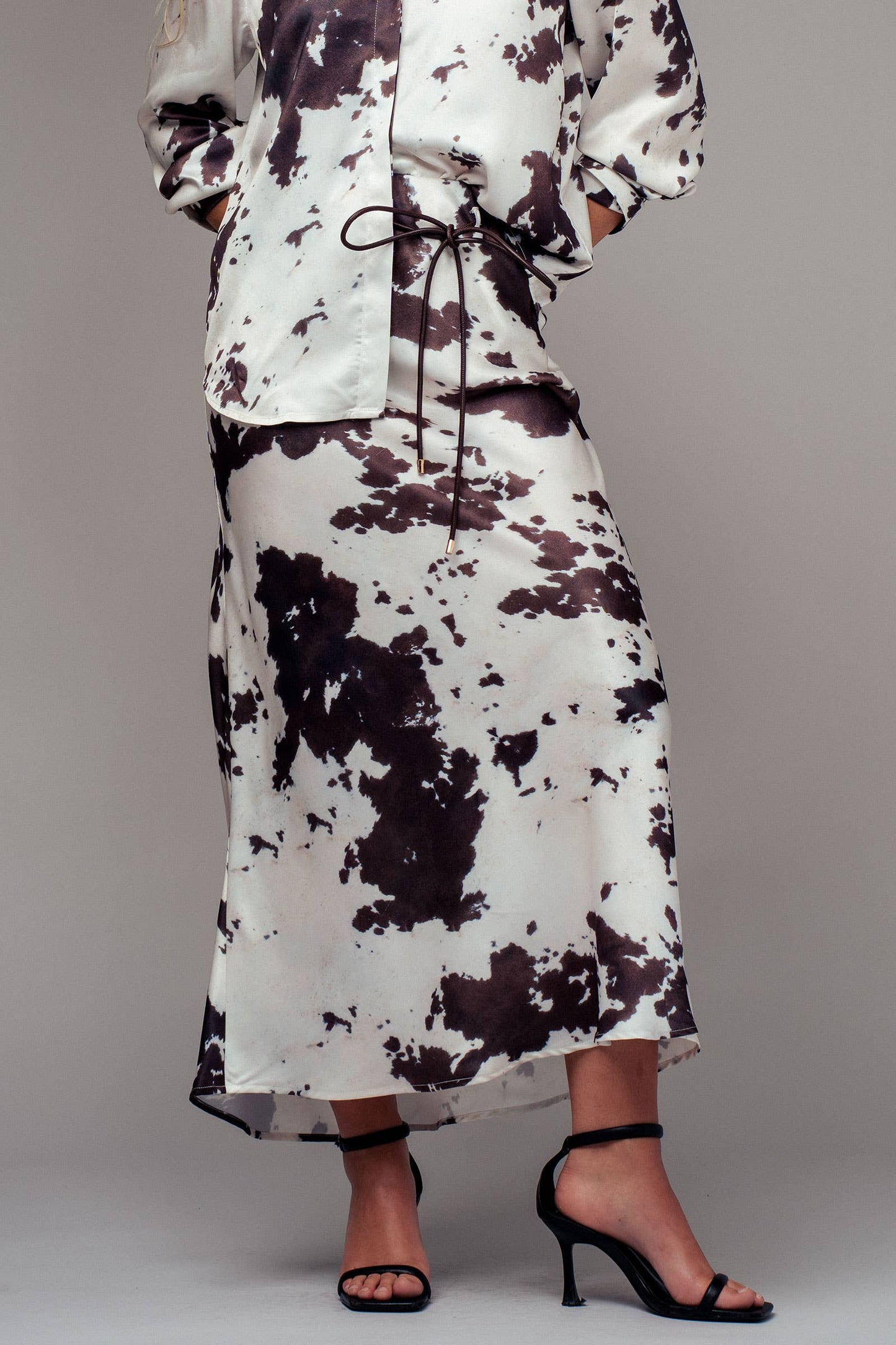 Cowhide Print Satin Drawstring Midi Skirt