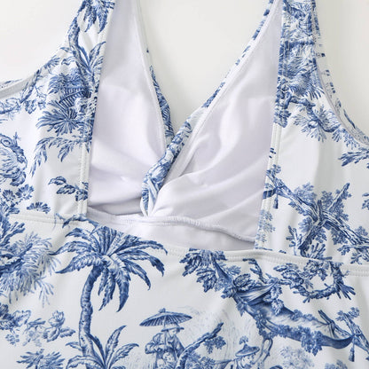 Blue Porcelain Print Plunge One-Piece