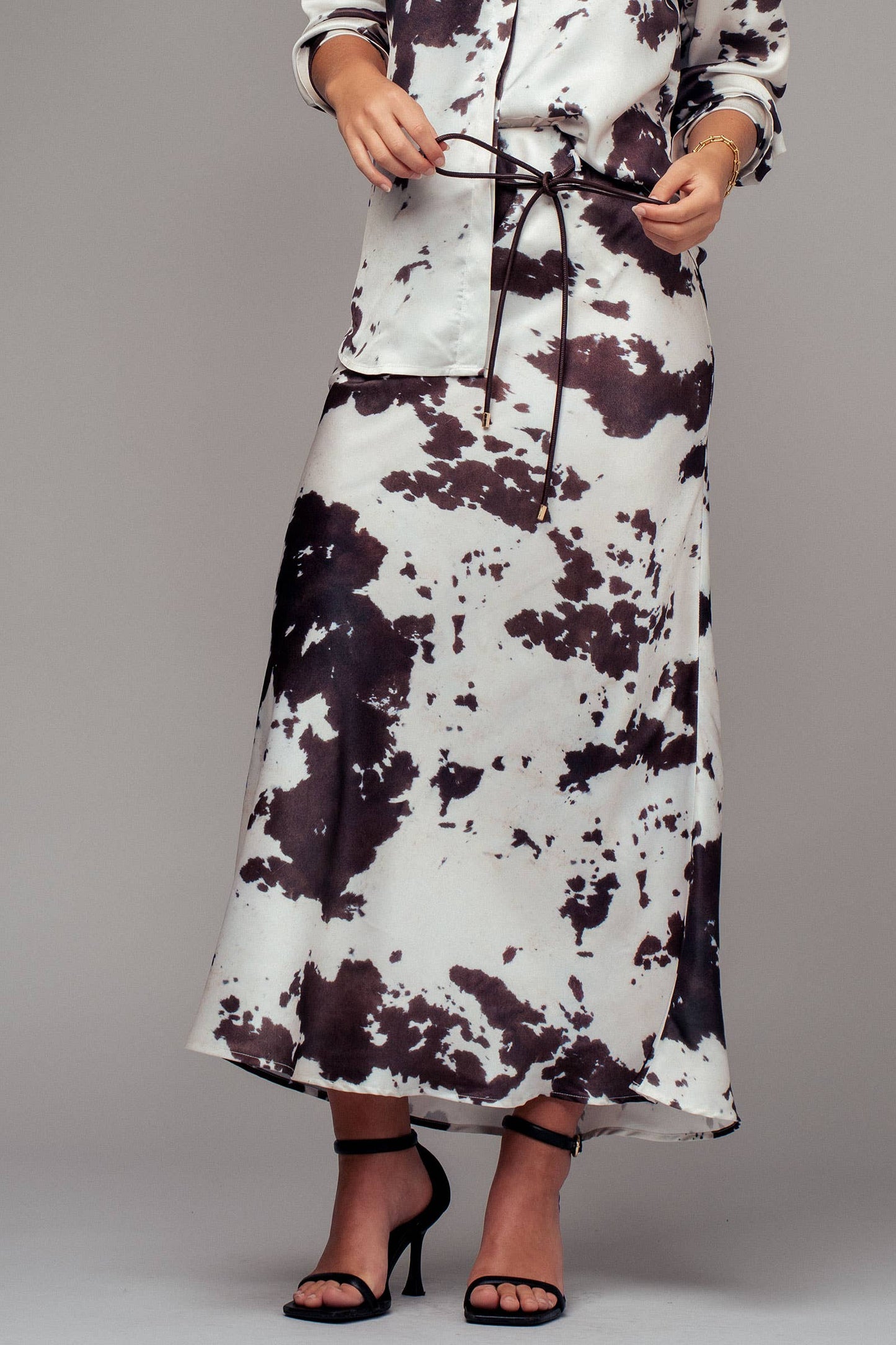 Cowhide Print Satin Drawstring Midi Skirt