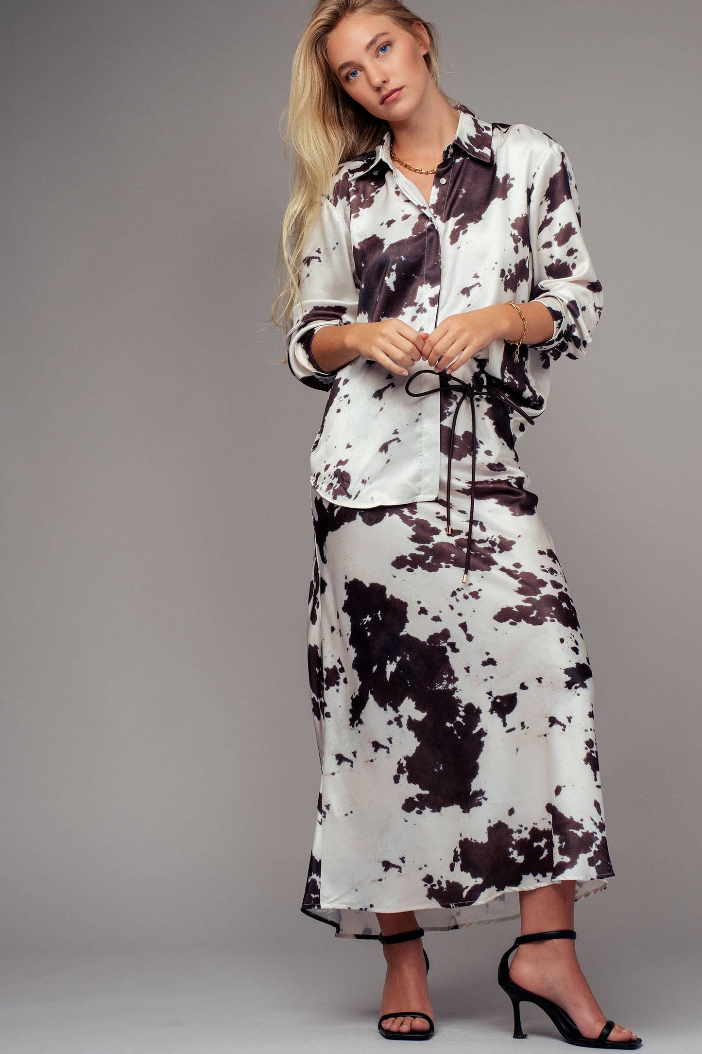 Cowhide Print Satin Drawstring Midi Skirt