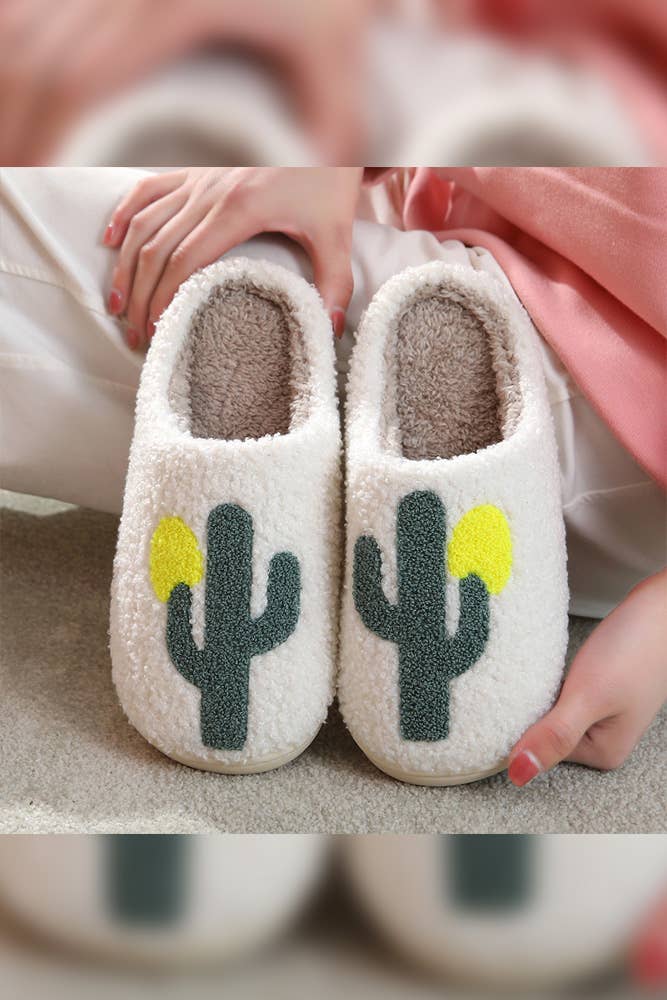 Cactus Print Cozy Warm Fluffy Slippers